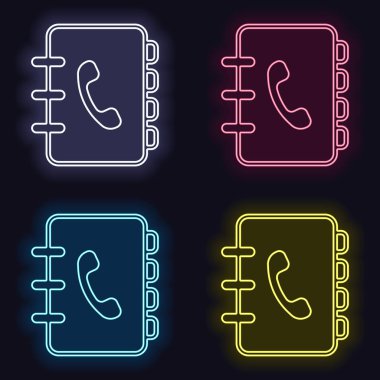 Adres defteri ile telefon kapağında imzala. basit simgesi. Doğrusal sembolü ile ince anahat. Neon işareti kümesi. Koyu arka plan üzerinde casino tarzı. Seamless modeli