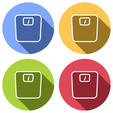 siluet veya ağırlık, basit anahat simgesi. Mavi, turuncu, yeşil ve kırmızı renkli daireler uzun gölge ile beyaz simgeler kümesi. Etiket tarzı