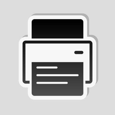 Yazıcı ve kağıt. Etiket tarzı ile beyaz ve gri arka plan üzerinde basit gölge