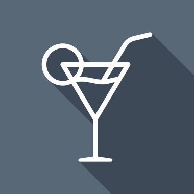 Kokteyl cam. İnce anahat ile basit doğrusal simgesi. Uzun Gölge arka plan üzerinde beyaz düz simgesi