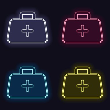 ilk yardım çantası, anahat simgesi. Neon işareti kümesi. Koyu arka plan üzerinde casino tarzı. Seamless modeli