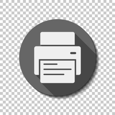 printer and paper. White flat icon with long shadow in circle on transparent background clipart