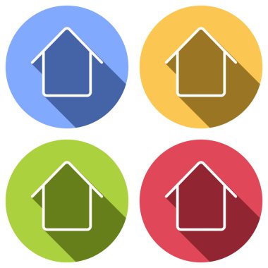 Basit ev simgesi. Mavi, turuncu, yeşil ve kırmızı renkli daireler uzun gölge ile beyaz simgeler kümesi. Etiket tarzı