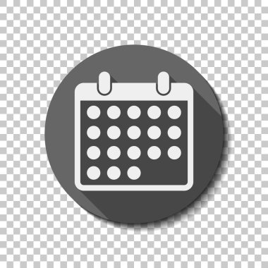 basit takvim simgesini. Saydam arka plan üzerinde bir dairede uzun gölge beyaz düz simgesi. Rozet veya etiket stili