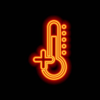 Termometre, sıcak. sıfır sıcaklık yukarıda. Siyah arka plan üzerine portakal neon tarzı. Işık simgesi