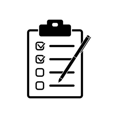 Kontrol listesi ile kalem simgesi. Beyaz arka planda siyah simgesi