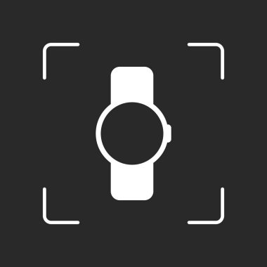 El yuvarlak göstermek akıllı izle. Teknoloji simgesi. Beyaz nesne kamera otomatik odaklama koyu arka plan üzerinde