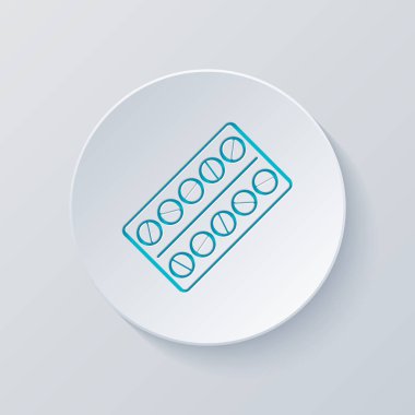 Paketi hapları simgesi. Gri ve mavi katmanları ile daire kes. Kağıt tarzı