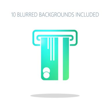 ATM makine ve kredi kartı simgesi. Basit gölge beyaz renkli logo kavramı. dahil 10 farklı bulanık arka planlar