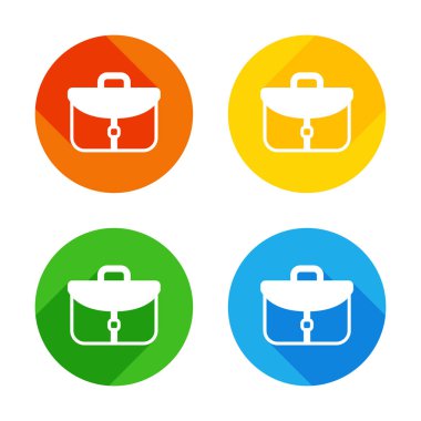 Evrak çantası, office çanta. Renkli daireler arka plan düz beyaz simgesi. Dört farklı uzun gölgeler her köşe