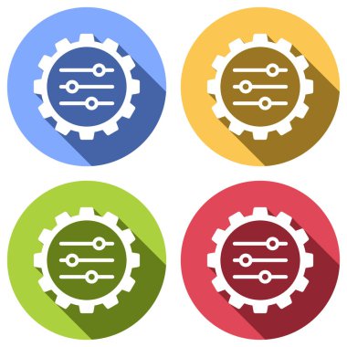 viteste ayarı simgesi. Mavi, turuncu, yeşil ve kırmızı renkli daireler uzun gölge ile beyaz simgeler kümesi. Etiket tarzı