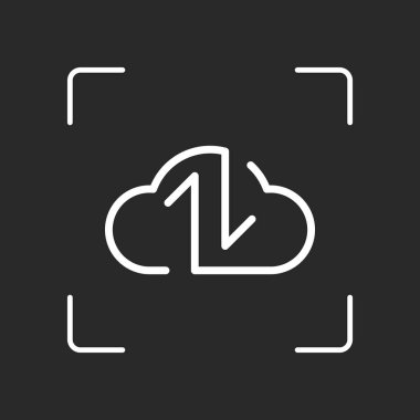 Veri bulut simgesi. Yedekleme, geri yükleme. Yükleme, download. Yukarı ve aşağı okları. Doğrusal, ince anahat. Beyaz nesne kamera otomatik odaklama koyu arka plan üzerinde