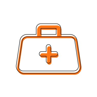 ilk yardım çantası, anahat simgesi. İzole simge siyah ince dağılımı ve farklı katmanlarda doldurma taşındı turuncu oluşan. Beyaz arka plan
