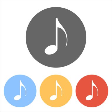 Müzik Not simgesi. Renkli daireler üzerinde beyaz simgeler kümesi