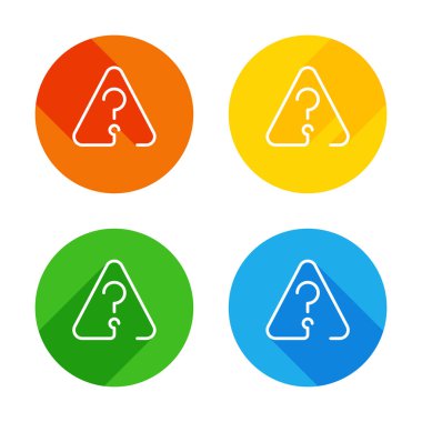 Uyarı üçgeni içinde soru işareti. İnce anahat ile doğrusal simgesi. Bir çizgi stili. Renkli daireler arka plan düz beyaz simgesi. Dört farklı uzun gölgeler her köşe