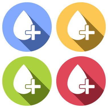 damla kan ve tıbbi çapraz. basit simgesi. Mavi, turuncu, yeşil ve kırmızı renkli daireler uzun gölge ile beyaz simgeler kümesi. Etiket tarzı