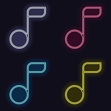 Basit müzik notu. Doğrusal simgesi, ince anahat. Neon işareti kümesi. Koyu arka plan üzerinde casino tarzı. Seamless modeli