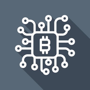 Doğrusal bitcoin çip simgesi. Tarım için işlemci. Uzun Gölge mavi zemin üzerine beyaz düz simgesi