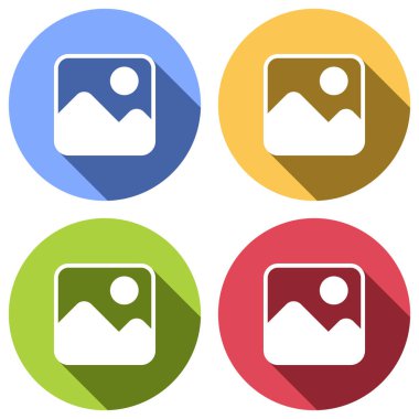 Basit resim simgesi. Mavi, turuncu, yeşil ve kırmızı renkli daireler uzun gölge ile beyaz simgeler kümesi. Etiket tarzı