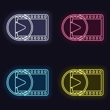 Film şeridi daire içinde oyun simgesiyle. basit siluet. Moda neon işareti kümesi. Koyu arka plan üzerinde casino tarzı. Seamless modeli