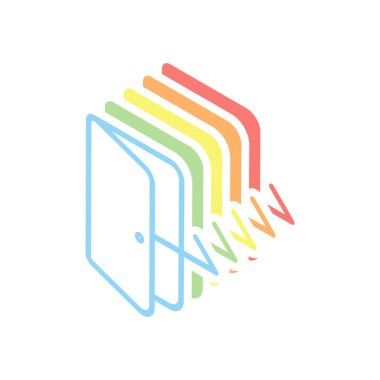 Çıkış simgesi. Doğrusal, ince anahat. Beyaz arka plan üzerinde renkli izometrik simgeler yığını