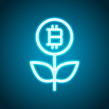 Para çiçek ile bitcoin. Para ağacını. İnce anahat ile doğrusal simgesi. Neon tarzı. Işık dekorasyon simgesi. Parlak elektrik sembolü