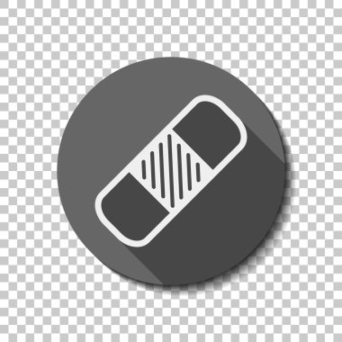 Tıbbi yama, basit simgesi. Saydam arka plan üzerinde bir dairede uzun gölge beyaz düz simgesi. Rozet veya etiket stili