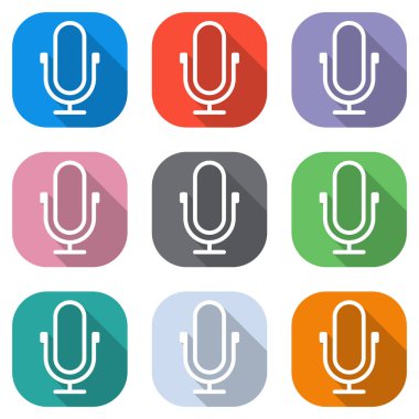 Basit mikrofon simgesi. Doğrusal, ince anahat. Beyaz simgeleri uygulamalar için renkli kareler olarak ayarlayın. Sorunsuz imkanı ve desen poster için