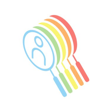 İnsan secource, arama profili. Doğrusal simgesi, ince anahat. Beyaz arka plan üzerinde renkli izometrik simgeler yığını