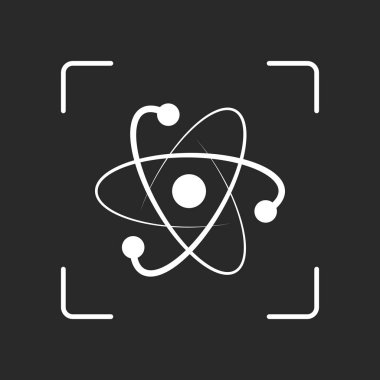 bilimsel atom sembolü, logo, basit simgesi. Beyaz nesne kamera otomatik odaklama koyu arka plan üzerinde