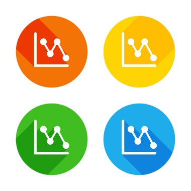 Azalan grafik hat simgesi. Renkli daireler arka plan düz beyaz simgesi. Dört farklı uzun gölgeler her köşe