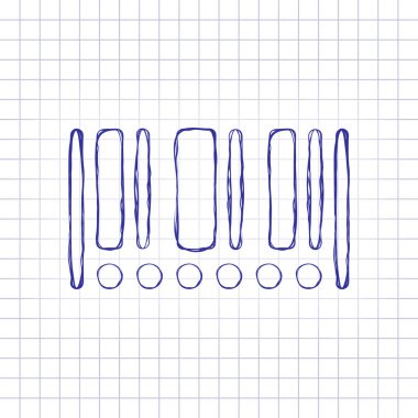 Barkod simgesi. Daire numaraları yerine. Elle çizilmiş resim kağıt sayfası. Mavi mürekkep, anahat kroki tarzı. Damalı zemin üzerine doodle