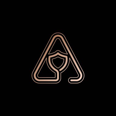 Uyarı üçgeni içinde kalkan. Koru ile sorun. İnce anahat ile doğrusal simgesi. Bir çizgi stili. Siyah zemin üzerine kırmızı altın tarzı