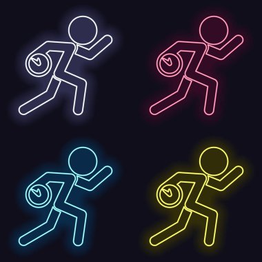 Saat çalışan adam. Basit simgesi. Geç kalmak. Hoş olmayan bir durum. Moda neon işareti kümesi. Koyu arka plan üzerinde casino tarzı. Seamless modeli