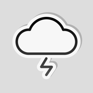 bulut ve yıldırım. basit anahat simgesi. Doğrusal sembolü ile ince anahat. Etiket tarzı ile beyaz ve gri arka plan üzerinde basit gölge