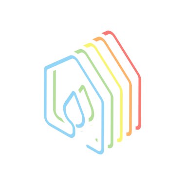 Su damla simgesi olan ev. çizgi stili. Beyaz arka plan üzerinde renkli izometrik simgeler yığını