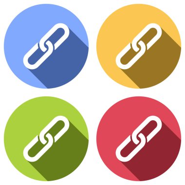 Bağlantı simgesini. Köprü zinciri sembolü. Basit simgesi. Mavi, turuncu, yeşil ve kırmızı renkli daireler uzun gölge ile beyaz simgeler kümesi. Etiket tarzı