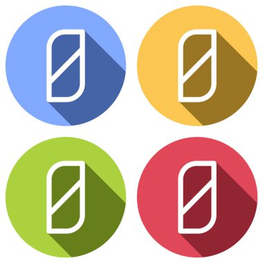 Sayı 0, sayısal, sıfır. Mavi, turuncu, yeşil ve kırmızı renkli daireler uzun gölge ile beyaz simgeler kümesi. Etiket tarzı