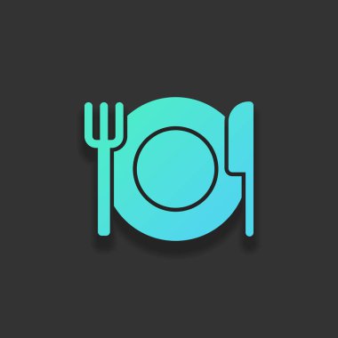 çatal bıçak takımı. tabak çatal ve bıçak. basit siluet. Renkli logo kavramı koyu arka plan üzerinde yumuşak gölge ile. Masmavi okyanus rengini simgesi