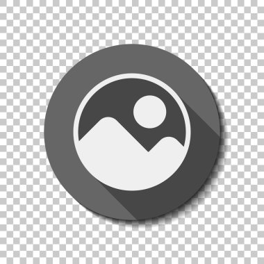 Basit resim simgesi. düz simgesi, uzun gölge, daire, şeffaf ızgara. Rozet veya etiket stili