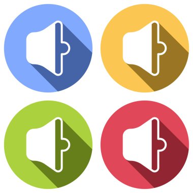 basit birim orta. Mavi, turuncu, yeşil ve kırmızı renkli daireler uzun gölge ile beyaz simgeler kümesi. Etiket tarzı