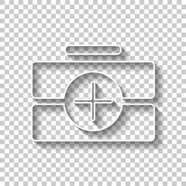 ilk yardım çantası, basit simgesi. Gölge şeffaf arka plan üzerinde beyaz anahat işaretiyle