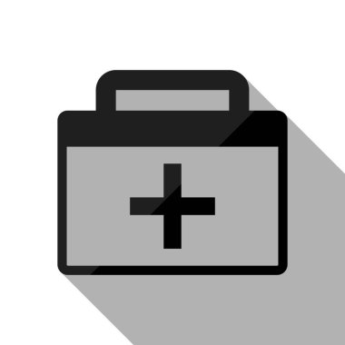 ilk yardım çantası, basit simgesi. Uzun gölge beyaz arka planda siyah nesnesiyle