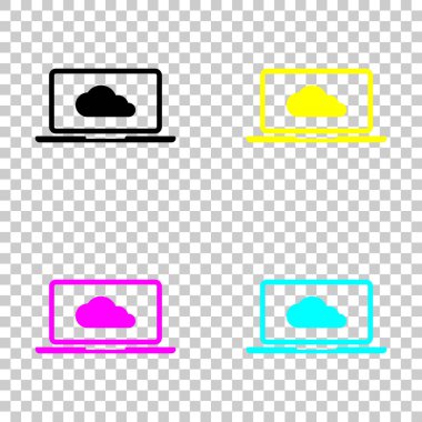 Bulut teknolojisi, bilgisayar yazılımı. Laptop ve bulut. Cmyk simgeleri şeffaf arka plan üzerinde renkli dizi