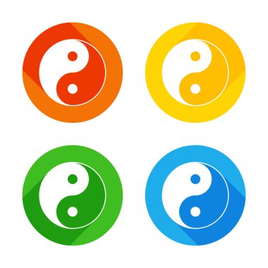 Yin yan sembolü. Renkli daireler arka plan düz beyaz simgesi. Dört farklı uzun gölgeler her köşe