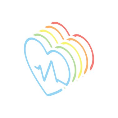 Kalp ve nabız hattı. Bir çizgi stili. İnce anahat ile doğrusal simgesi. Beyaz arka plan üzerinde renkli izometrik simgeler yığını