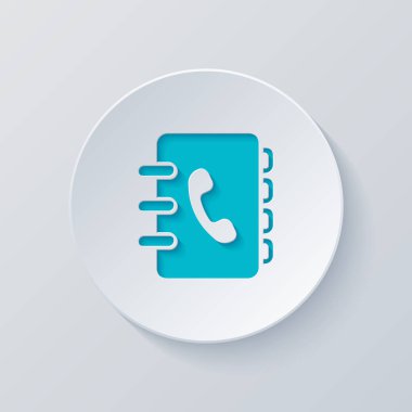 Adres defteri ile telefon kapağında imzala. basit simgesi. Gri ve mavi katmanları ile daire kes. Kağıt tarzı