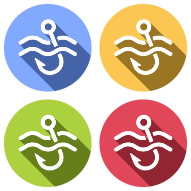 Balıkçılık kanca ve su. Basit simgesi. Mavi, turuncu, yeşil ve kırmızı renkli daireler uzun gölge ile beyaz simgeler kümesi. Etiket tarzı