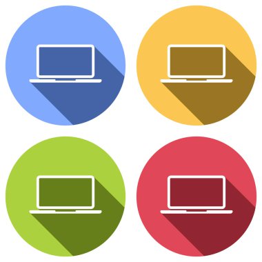 Laptop ya da defter bilgisayar kutsal kişilerin resmi. Mavi, turuncu, yeşil ve kırmızı renkli daireler uzun gölge ile beyaz simgeler kümesi. Etiket tarzı
