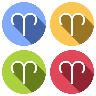 Astrolojik işaret. Koç basit simgesi. Mavi, turuncu, yeşil ve kırmızı renkli daireler uzun gölge ile beyaz simgeler kümesi. Etiket tarzı